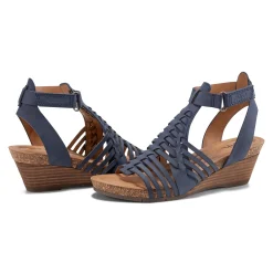 Sale Earth Shoes Hattie Round Toe Strappy Wedge Sandals Dark Blue