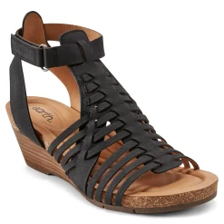 Outlet Earth Shoes Hattie Round Toe Strappy Wedge Sandals Black