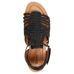 Outlet Earth Shoes Hattie Round Toe Strappy Wedge Sandals Black